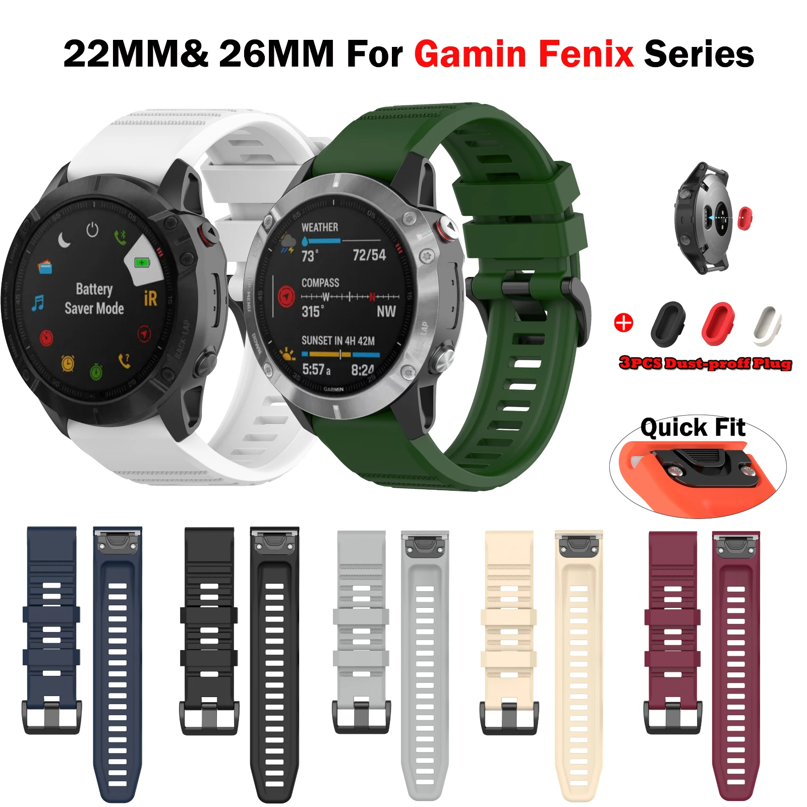 

26mm 22mm Silicone Watchband Wriststrap Strap For Garmin Fenix 6X 6 6S Pro 5X 5 5S Plus 3 3HR Easy Fit Quick Release Wirstband