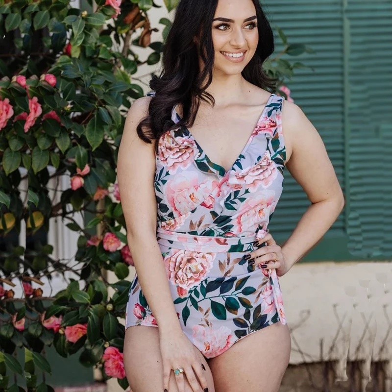 Женский Цельный купальник с цветочным принтом монокини высокой талией и v