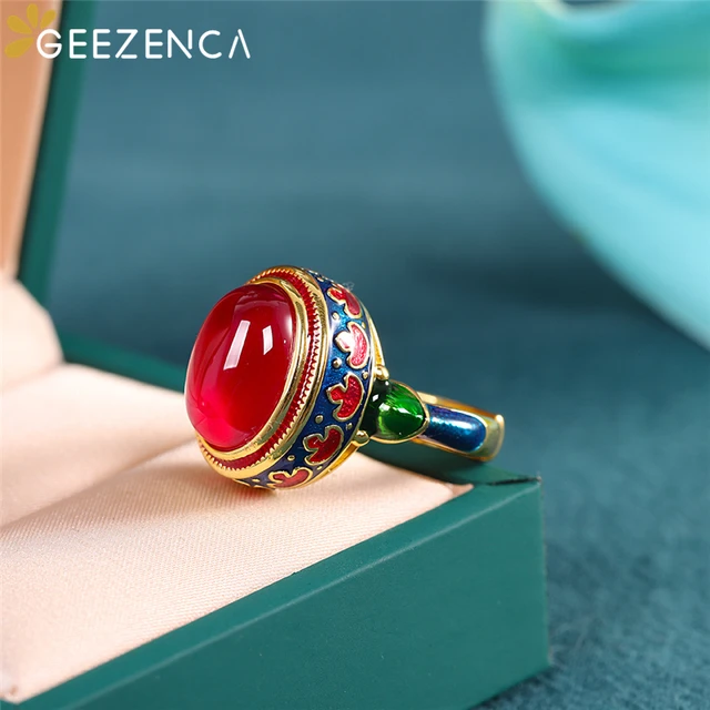 Geezenca s925 silver gold plated red corundum enamel color women's ring cloisonne vintage trendy open rings fine jewel 2021 new