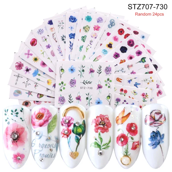 STZ707-730 24PCS Набор наклеек для ногтей переводные наклейки для воды смешанный дизайн цветок животное слайдер для маникюра ногтей украшение татуировки Советы LA830 - Цвет: STZ707-730 24PCS