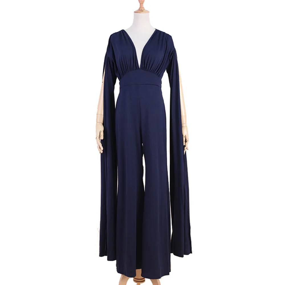 

2019 New queen Sexy Deep V neck dark blue Elegant Rompers Chiffon shawl Long Sleeve Backless Slim Wide Leg Jumpsuit dress