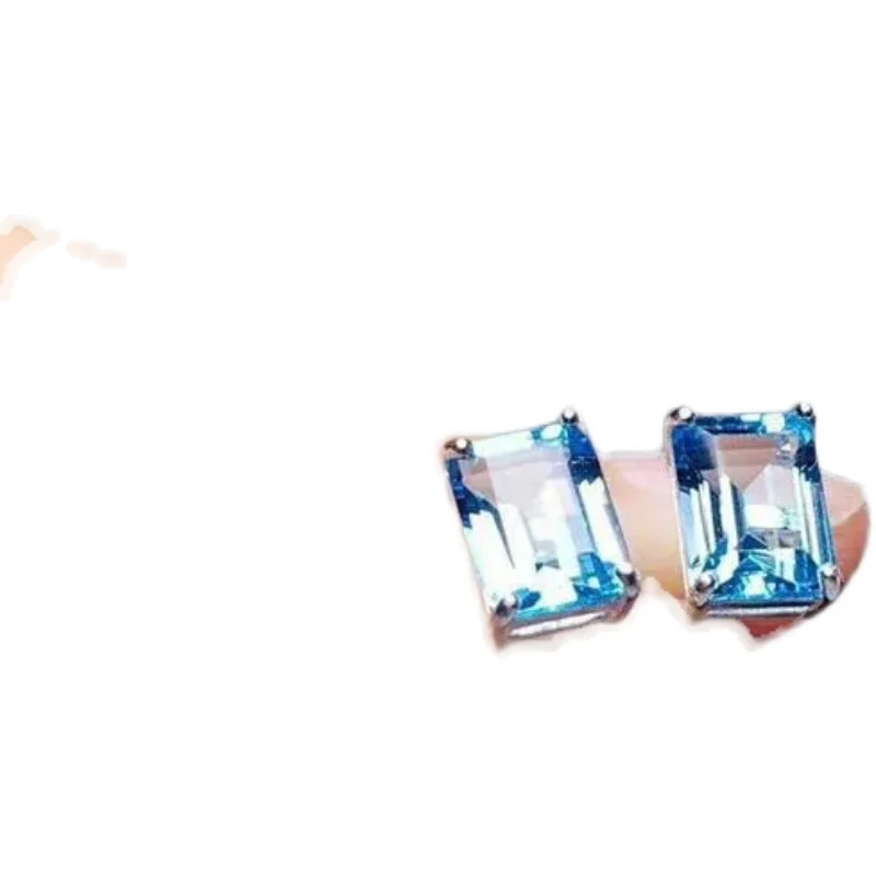 

Topaz Stud Earrings Women's S925 Sterling Silver Japanese and Korean Simplicity and Personality Square Swiss Sapphire Earrings