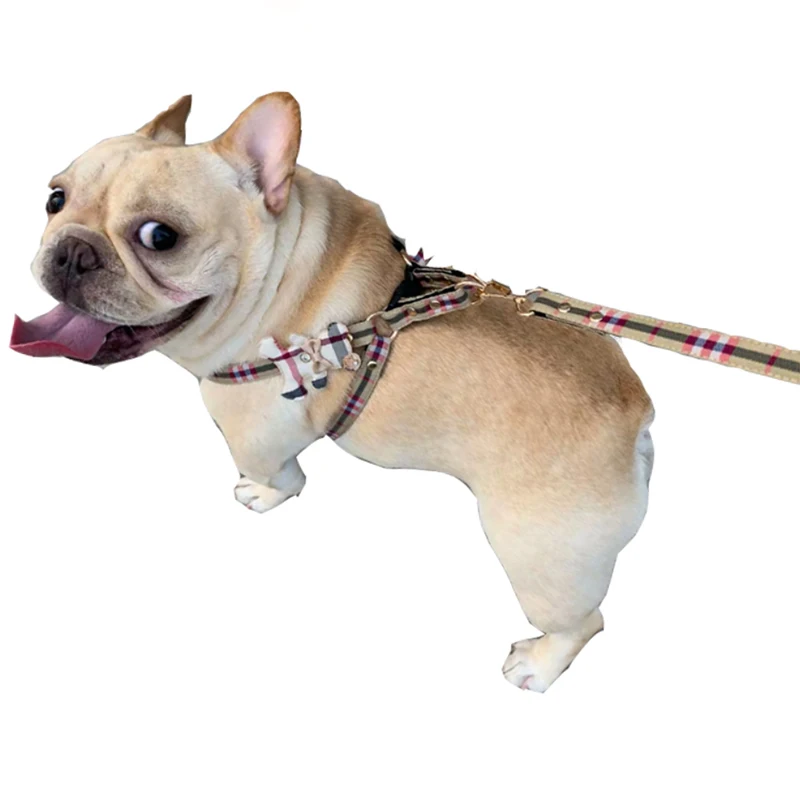 

Pet Dog Harness Leash 2 Sets Classic Check Bow Teddy Collar Dog Walking Rope Chain For Small Medium Pet Harness Suit Leash Set