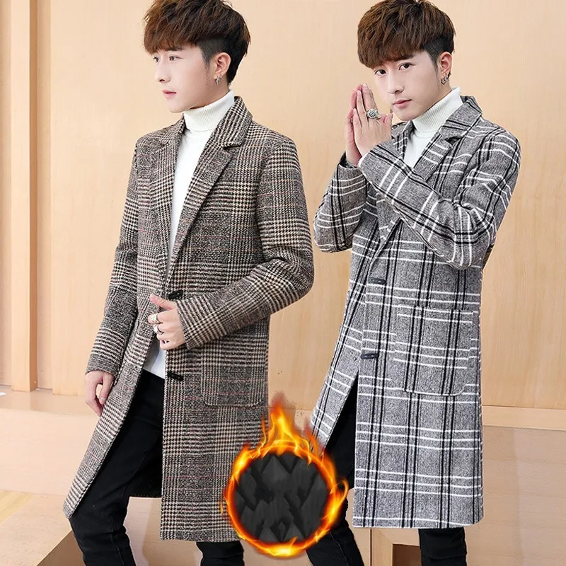 

British Winter Medium Lenght Mens Plaid Woolen Trench Coats Long Sleeve Slim Fit Single Breasted Lapel Male Overcoats Plus Size