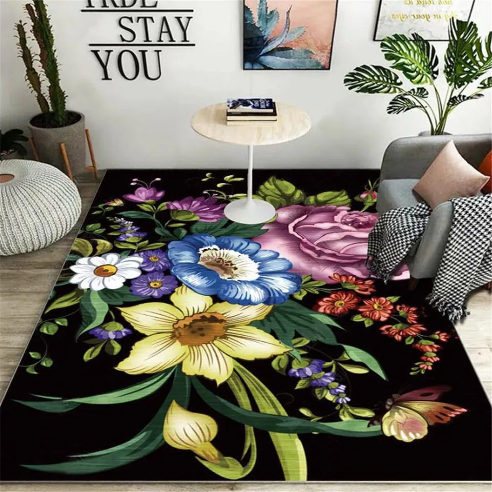 

Ковер в европейском стиле, черный, с яркими цветами, для гостиной, в сельском стиле, домашний декор, коврики для прихожей, нескользящий кухон...