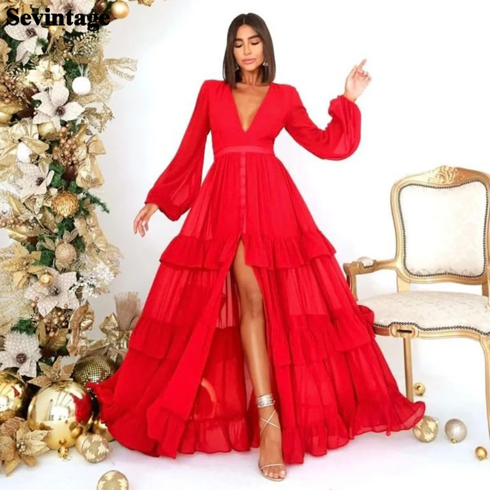 

Sevintage Red Long Puff Sleeves Evening Dresses V-Neck Tiered Skirt Prom Gowns Slit Chiffon Women Formal Dress 2022 Custom Made