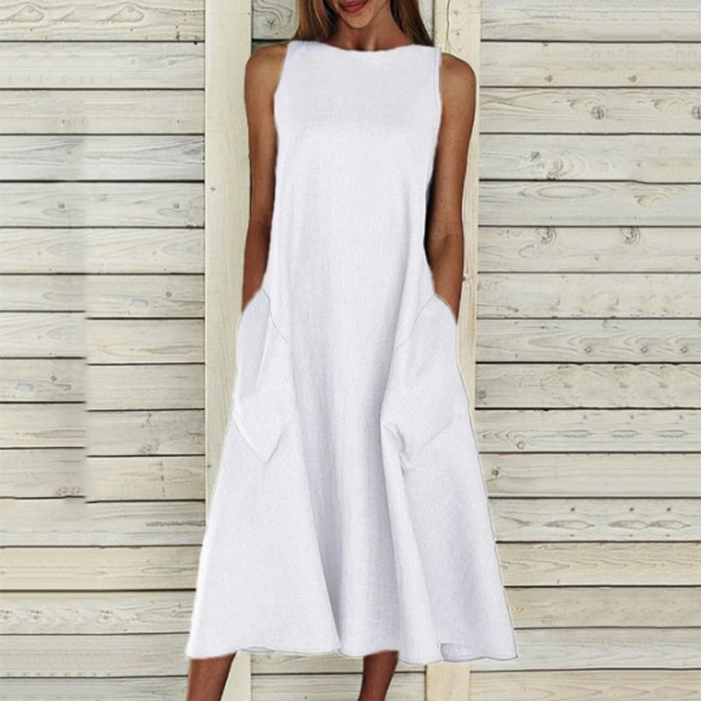 

Women A-Line Midi Dress Boho Sleeveless Pocket Beach Oversize Holiday Long Maxi Dresses Summer Vestidos Drop Shipping White Blue