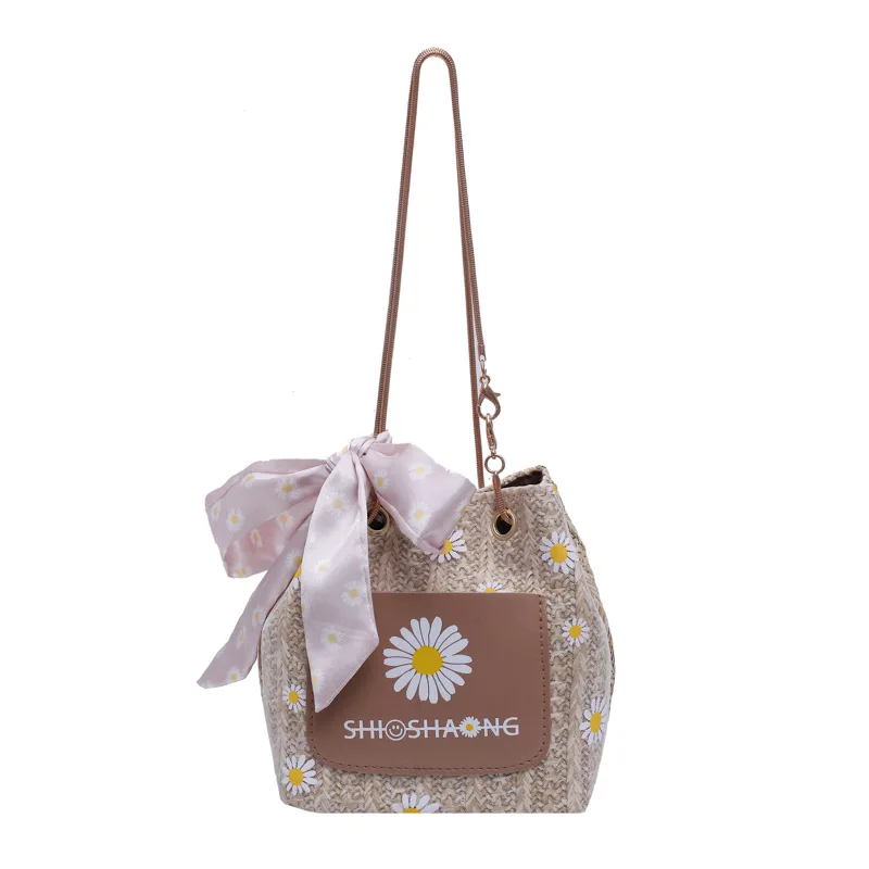 

Summer Small Women Bag Daisy New Fashion Woven Chain Shoulder Messenger Bag Versatile Straw Bucket Bags For Women
