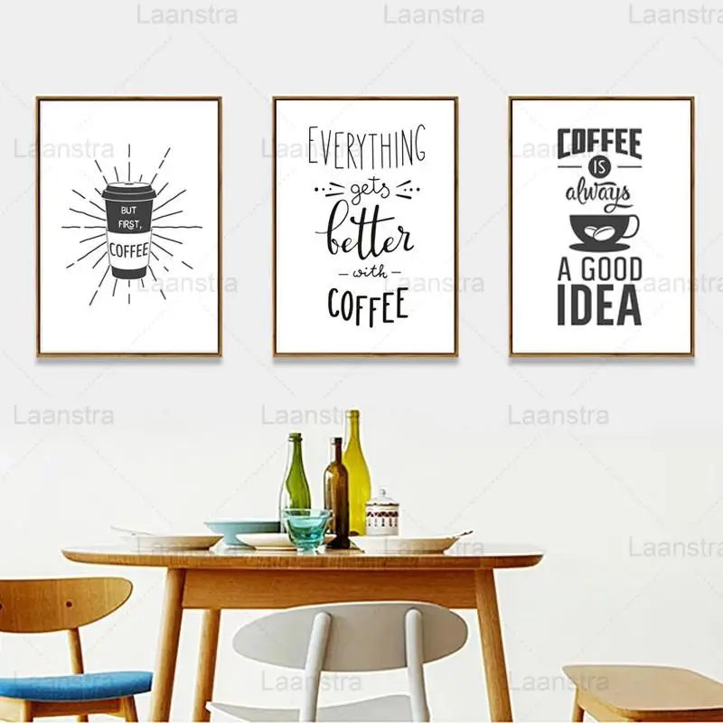 

Modern Black and White Coffee Quotes Cafe Decor Kitchen Dining Room Decor Canvas Paintings Posters and Prints Nordic Wall Art