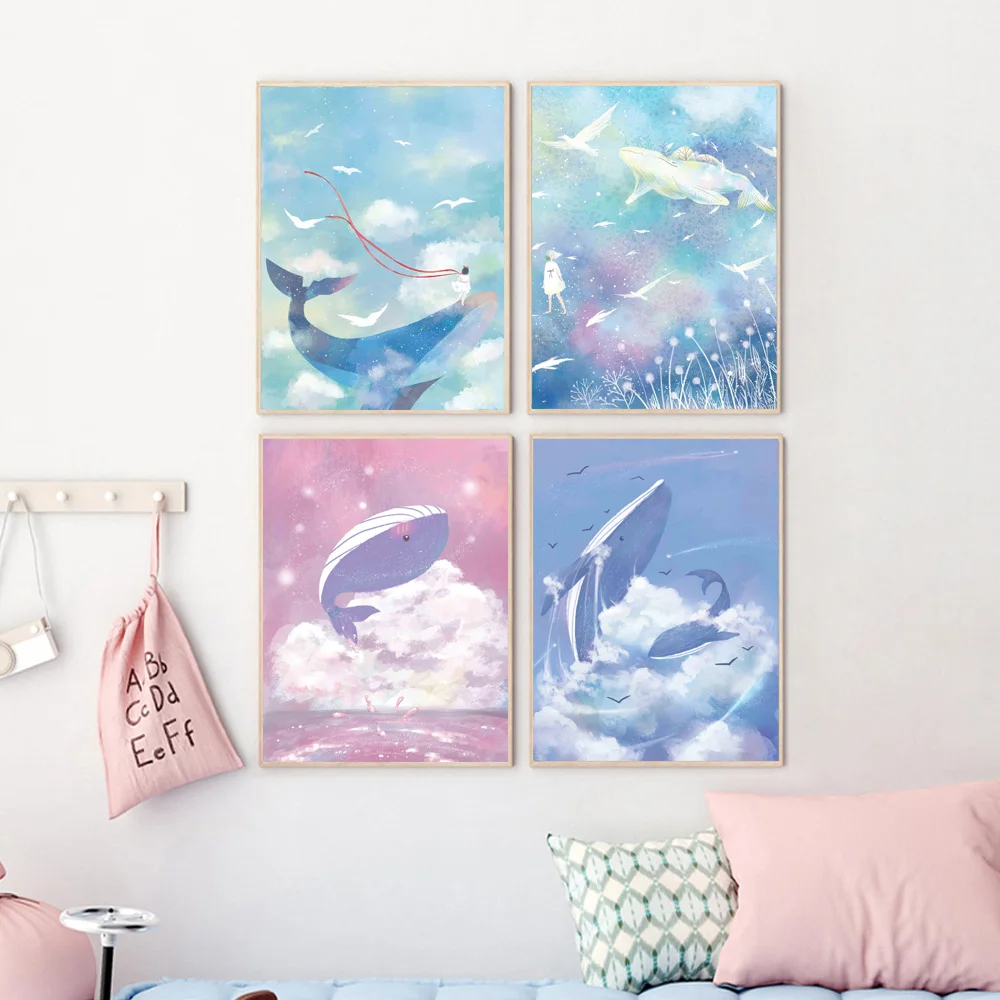 Мультяшный цветной Дельфин Морская волна облако настенная Картина на холсте
