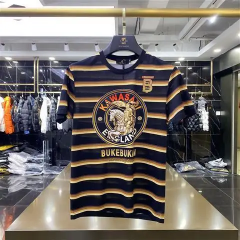 

2021 summer new casual print stripe round neck slim mercerized cotton breathable short sleeve T-shirt for men