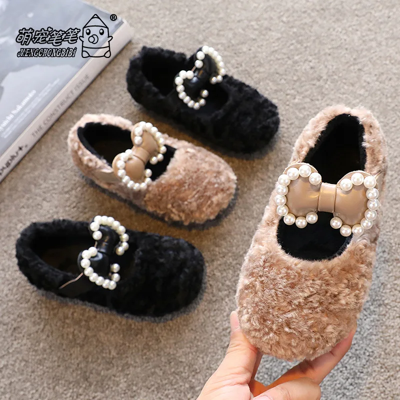

2021 Autumn Winter New Girls Loafers Boots Pearl Bow Princess Fur Shoes Plush Velvet Warm Cotton Shoes Toddler Girls Shoes 4-12y