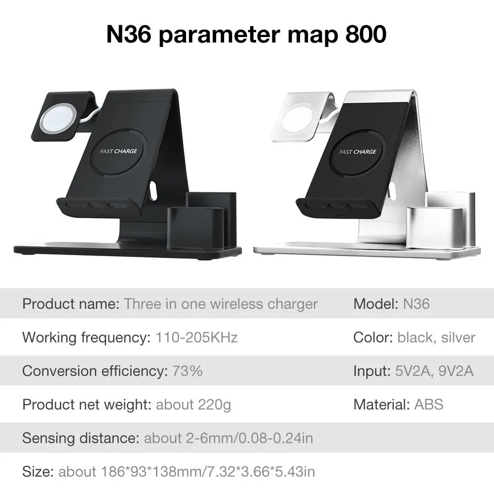 

N36 for iWatch 4/3/2/1 Charging Bracket Qi Fast Charging Station 3-in-1 Aluminum Base for iPhoneX/Huawei P30pro/Xiaomi 9/AirPods