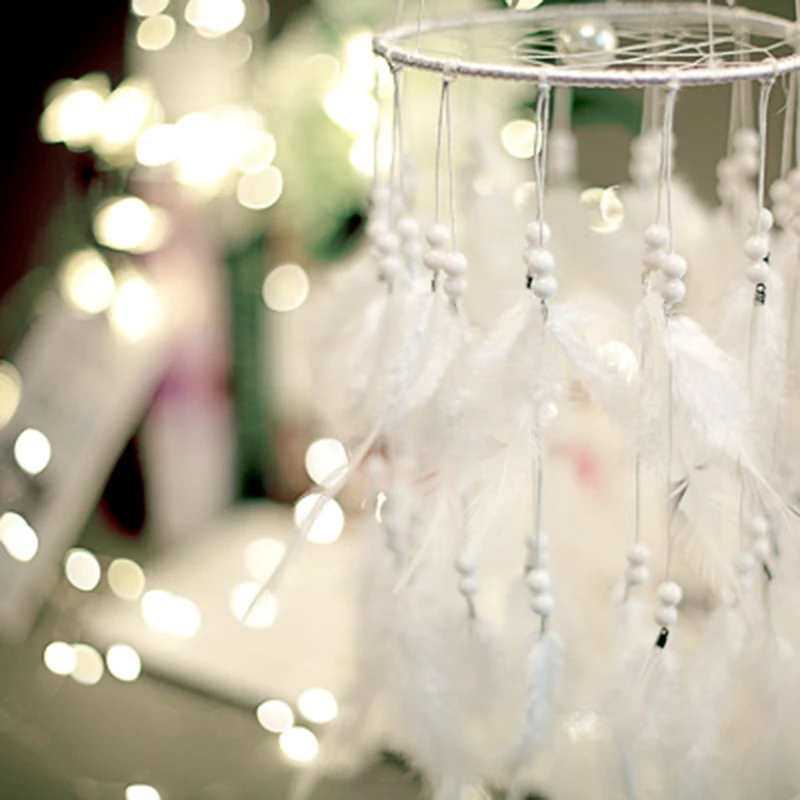 

AAAK -LED Light Dreamcatcher Double-Deck Home Wedding Decoration Party Gift Dromenvanger Vintage Wind Chimes White Feather