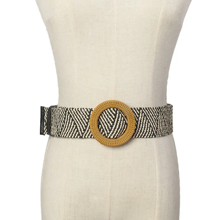 

Vintage Boho Braided Waist Belt Round Wooden Buckle Belts for Women Smooth Round Buckle Wide Belt Woven Straw Female Belt