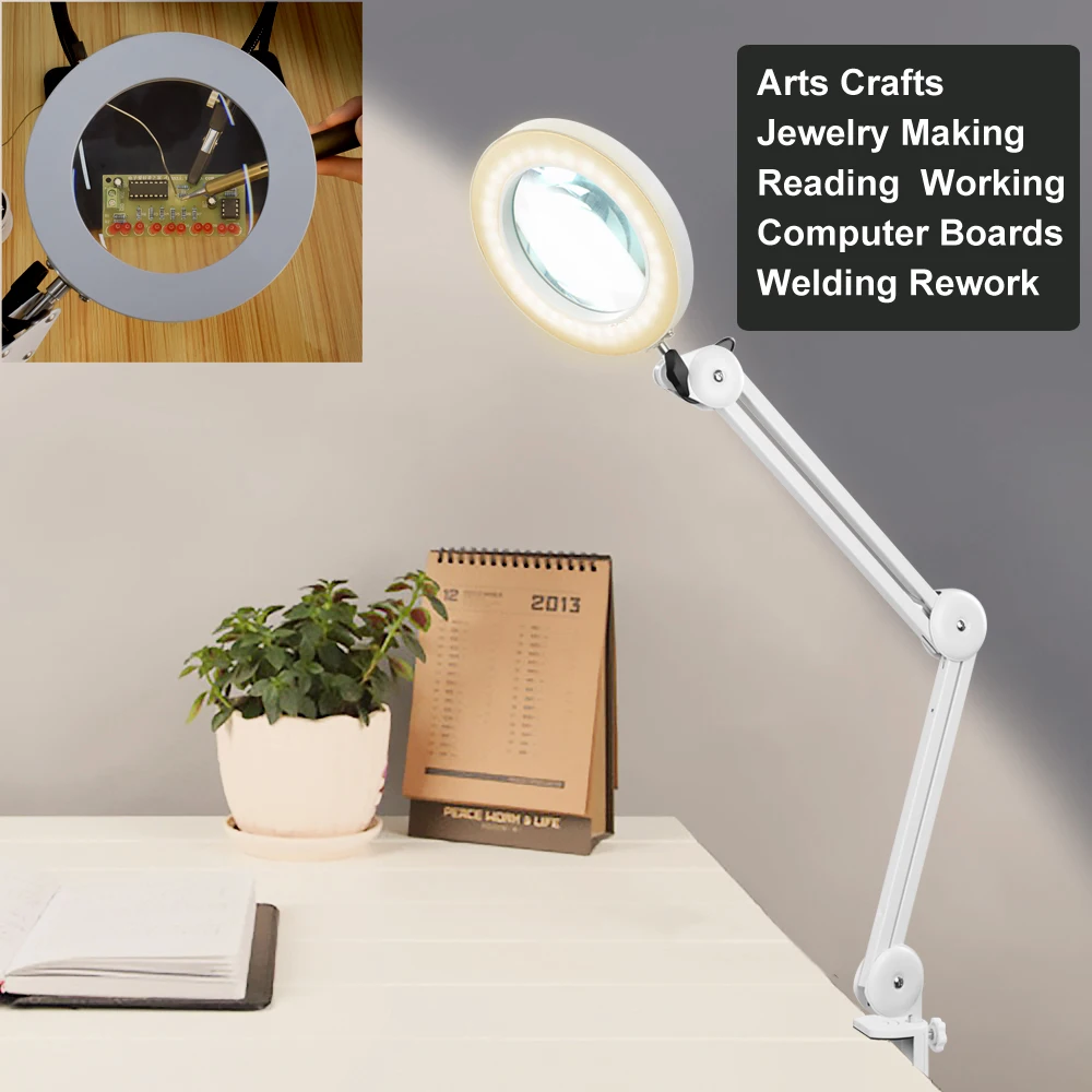 

NEWACALOX 8W Illuminated Magnifying Glass Table Clamp Folding USB 5X Magnifier with 3 Color LED Light for Welding Rework/Reading