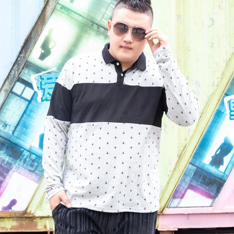 Мужская рубашка поло с длинным рукавом размера плюс полосатая воротником на