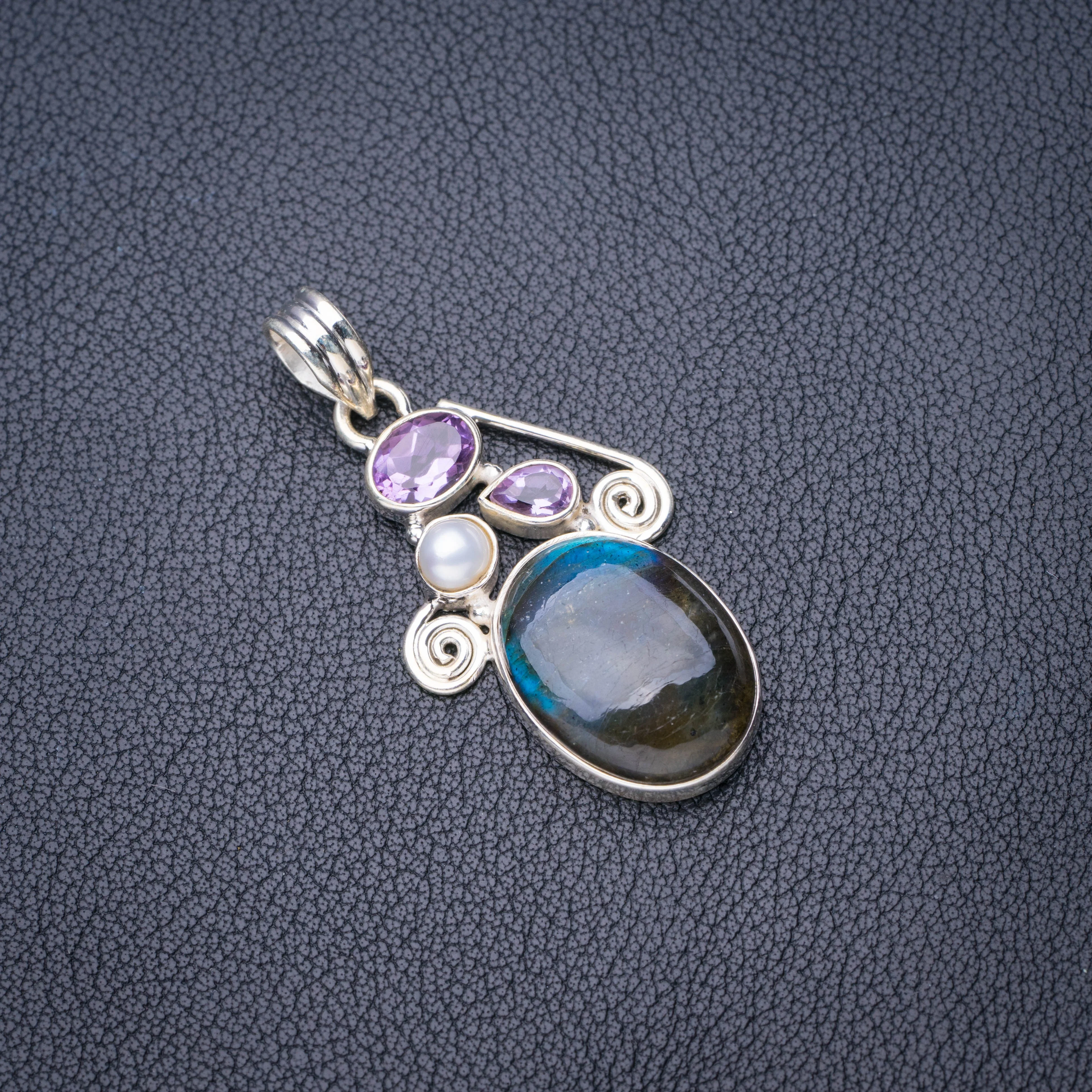 

StarGems Natural Blue Fire Labradorite Amethyst And River Pearl Handmade 925 Sterling Silver Pendant 1.75" E3716