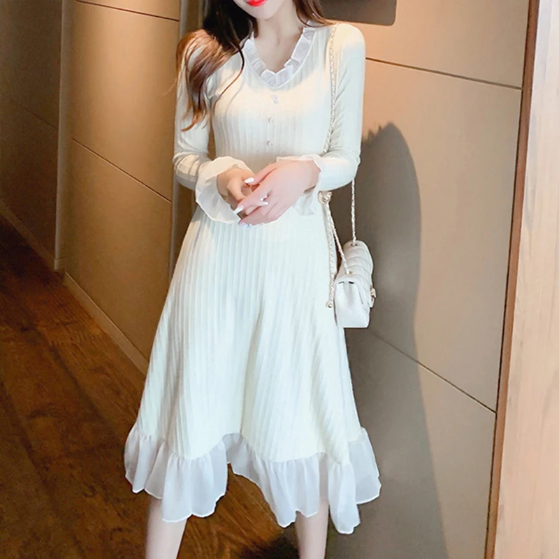 

Chiffon Ruffle Splicing Knit Dress V-Neck Button 2020 Fall Winter Collect Waist French Elegance Women Long Sleeve Elegant Skirt