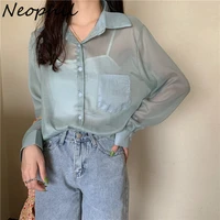 neophil 2022 summer women see through elegant blouses turn down collar loose shirt sexy transparent ladies fashion tops b21515