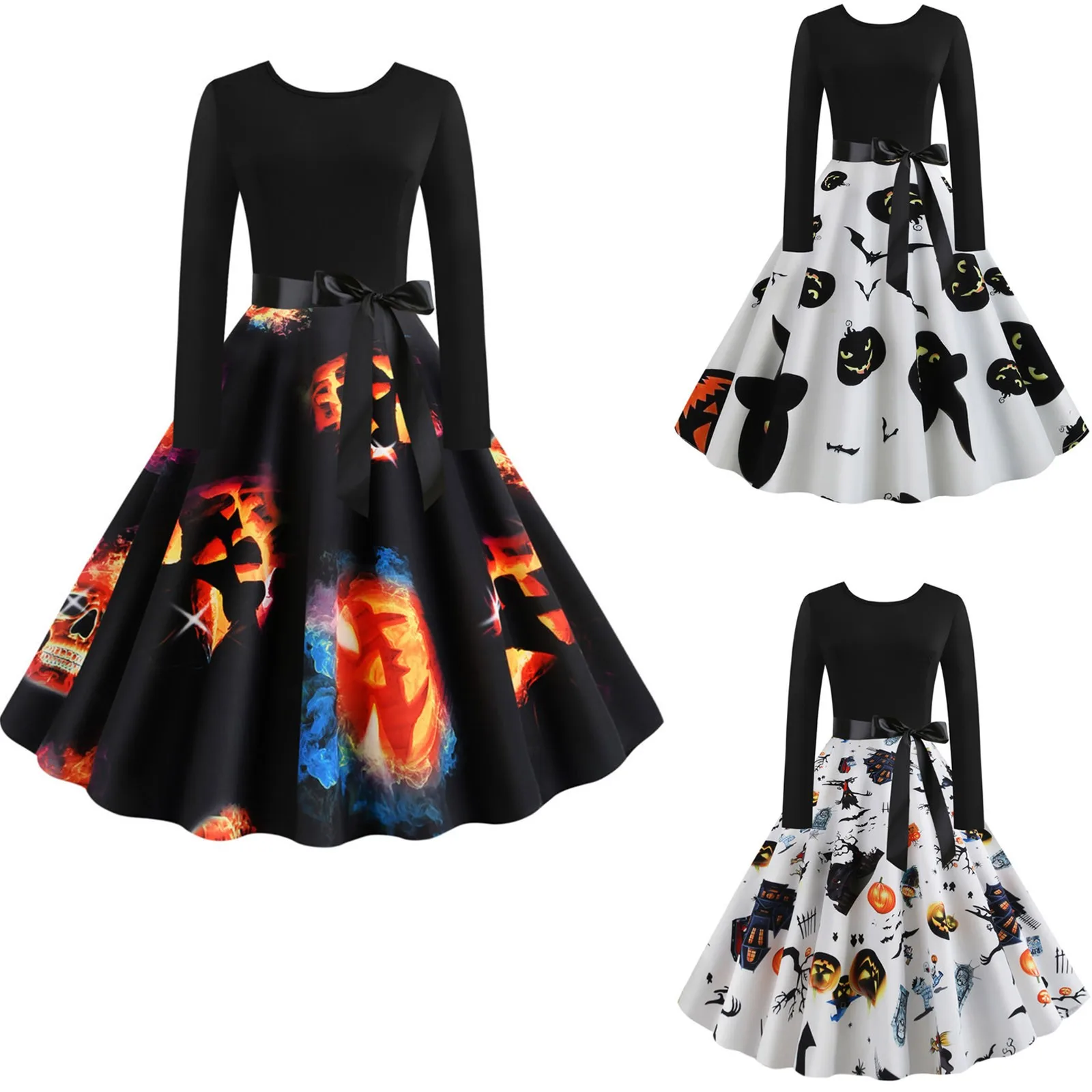 

A-line Evening Dress Women's Hooded Printing Loose Casual Fashion Long Sleeve Retro Halloween Dress Vestidos Mujer Verano 2021