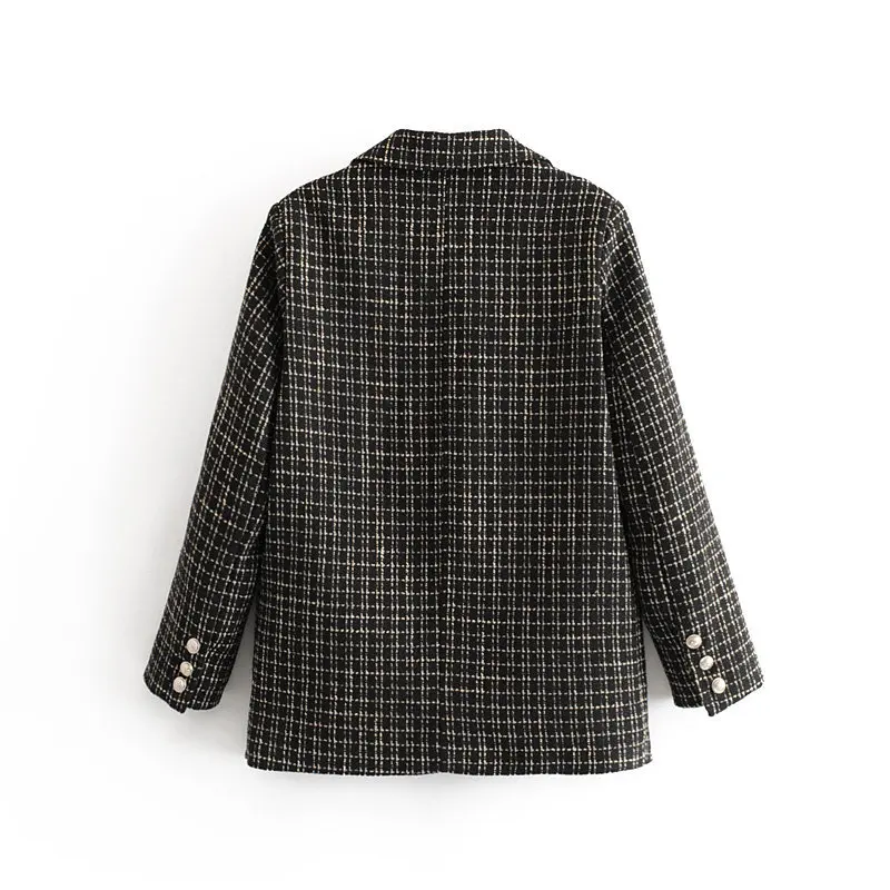 Женский твидовый Блейзер на пуговицах винтажный клетчатый пиджак с длинным