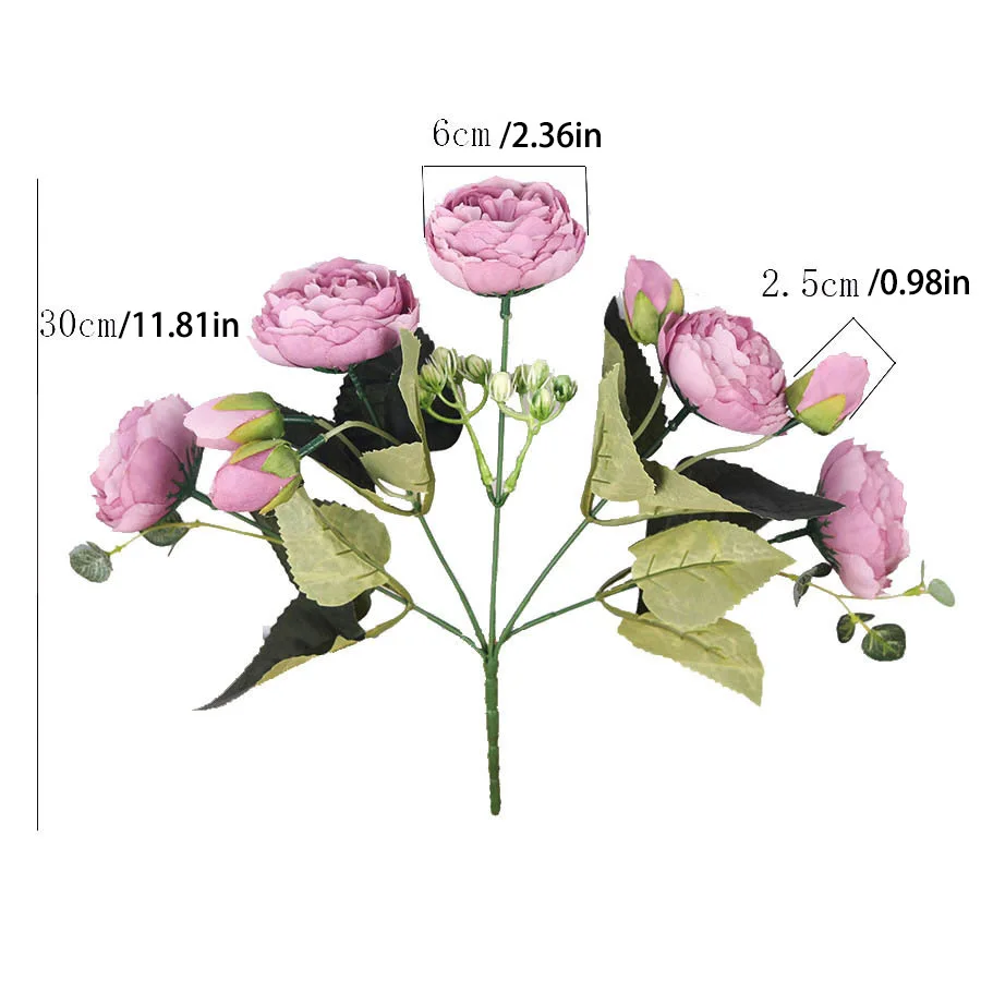 

30cm Rose Pink Silk Bouquet Peony Artificial Flowers 5 Big Heads 4 Small Bud Bride Wedding Home Decoration Fake Flowers Faux