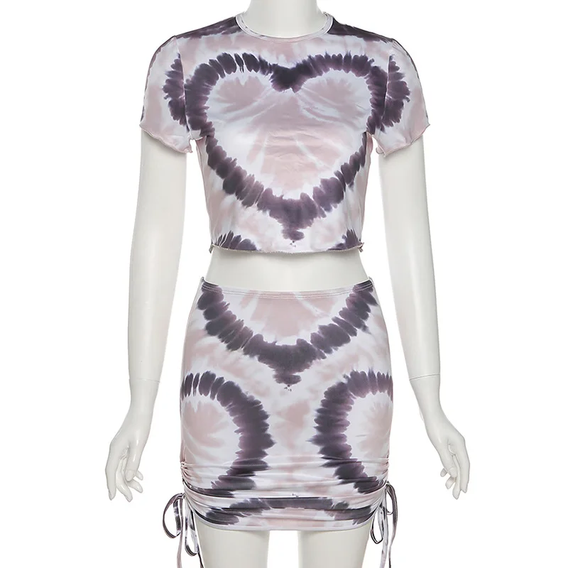 

BOOFEENAA Sexy Tie Dye Two Piece Set Drawstring Mini Skirts Crop Top Aesthetic Fashion Outfits Woman Matching Short Sets C83CE17