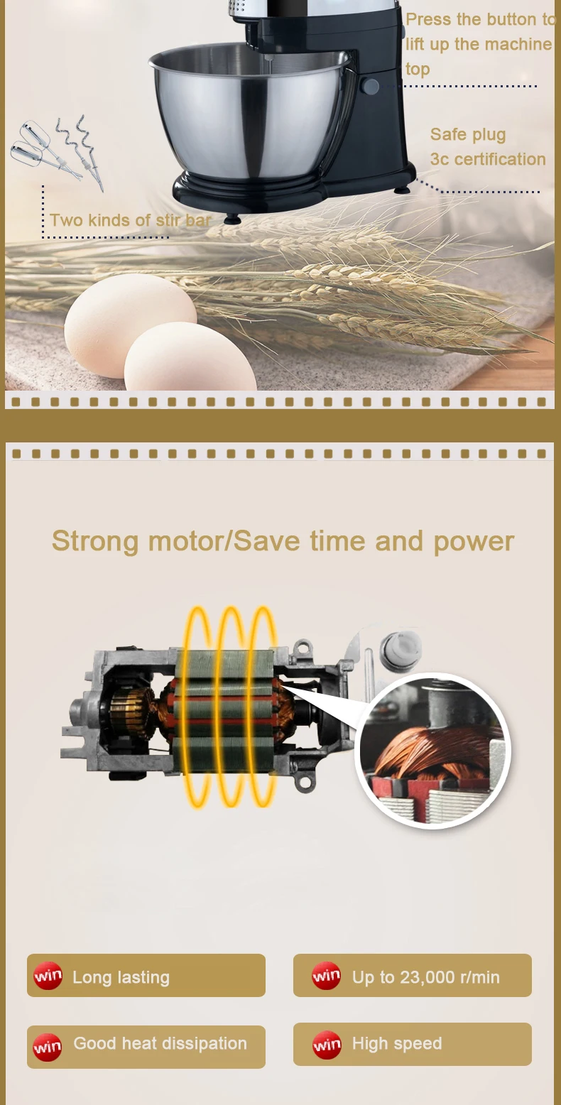 JIQI 4L Stainless Steel Bowl Electric Stand Food Mixer Egg Beater Cream Blender Handheld Whisk Cake Bread Dough Kneading Machine