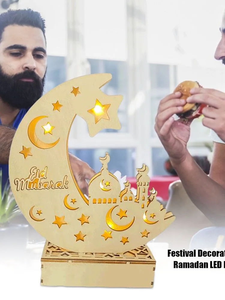 

Wooden Eid Mubarak Ornaments Ramadan With LED Lights Decoration Crafts Muslim Party Festival Lamp Home Gifts Decor