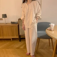 autumn cherry print kawaii pajamas women long sleeve topspants suits sleepwear ruffle pullover sweet simple home service s1049