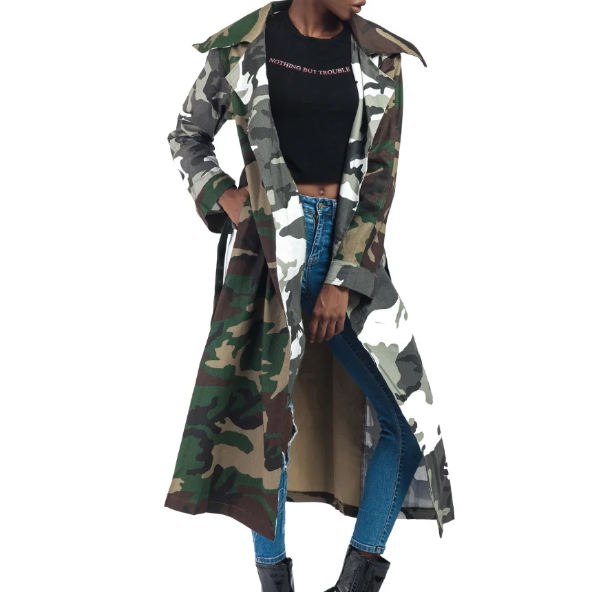 

Army Green Camouflage Print Tie Waist Long Coat Autumn Women High Street Casual Outerwear Ladies Open Front Lapel Coats