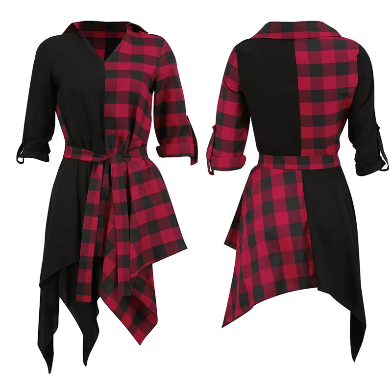 Женское платье-рубашка в клетку с длинным рукавом и v-образным вырезом | Женская