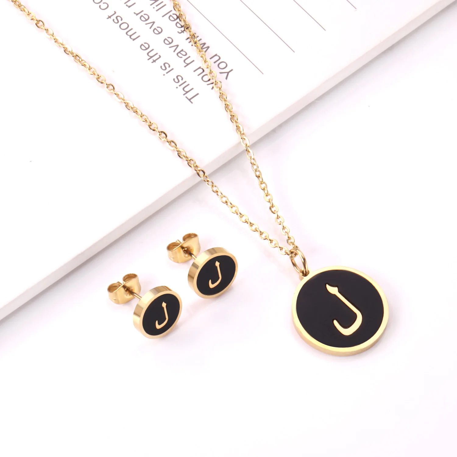 letter L gold black LUXUSTEEL, классические ювелирные изделия, Черная оболочка, буква М, ожерелье, серьги, наборы из нержавеющей стали, арабский алфавит, Женские аксессуары - Окраска металла: letter L gold black