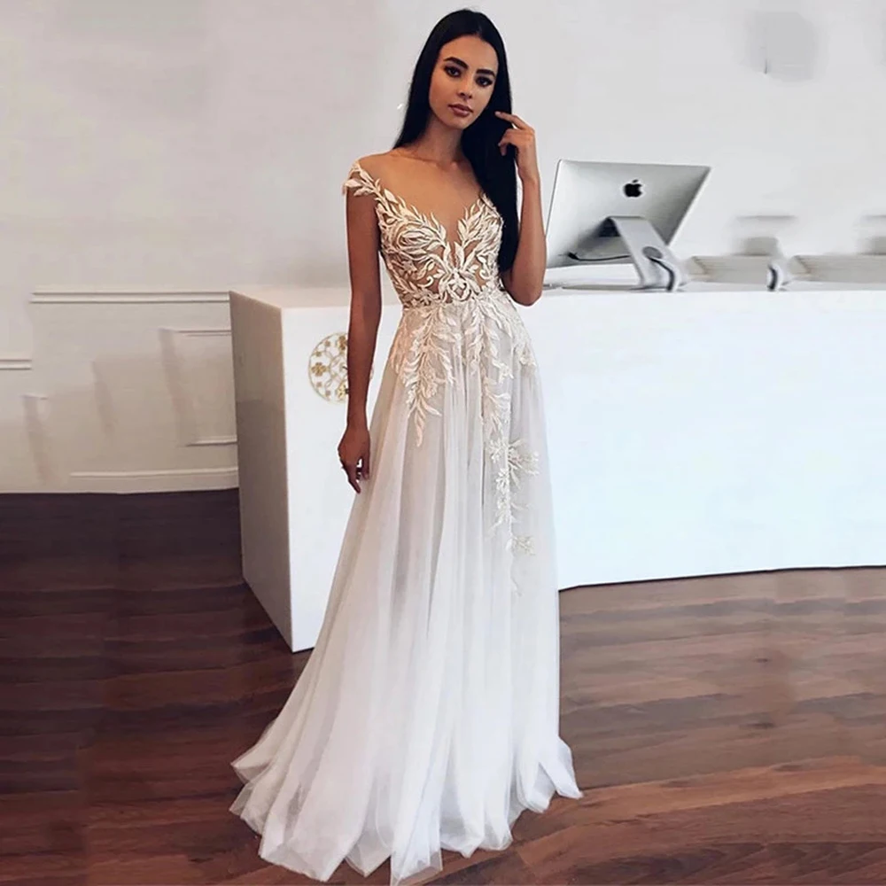 

Sexy Wedding Dresses Tulle Appliques Pleat V-Neck Sleeveless Zipper A-Line Bridal Gowns Novia Do 2021 New