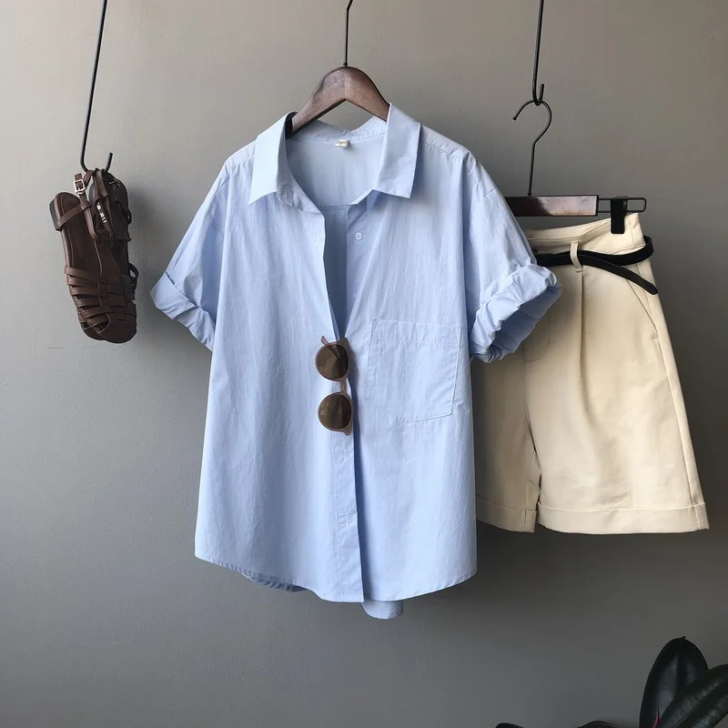 

MosiMolly Cotton Blouses Shirt Tops Short Sleeve Tops Women Female OL Shirt Tops 2021 Summer