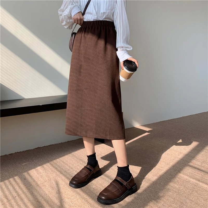 

Серая юбка средней длины, Новинка осени 2021, свободная облегающая юбка в Корейском стиле с высокой талией