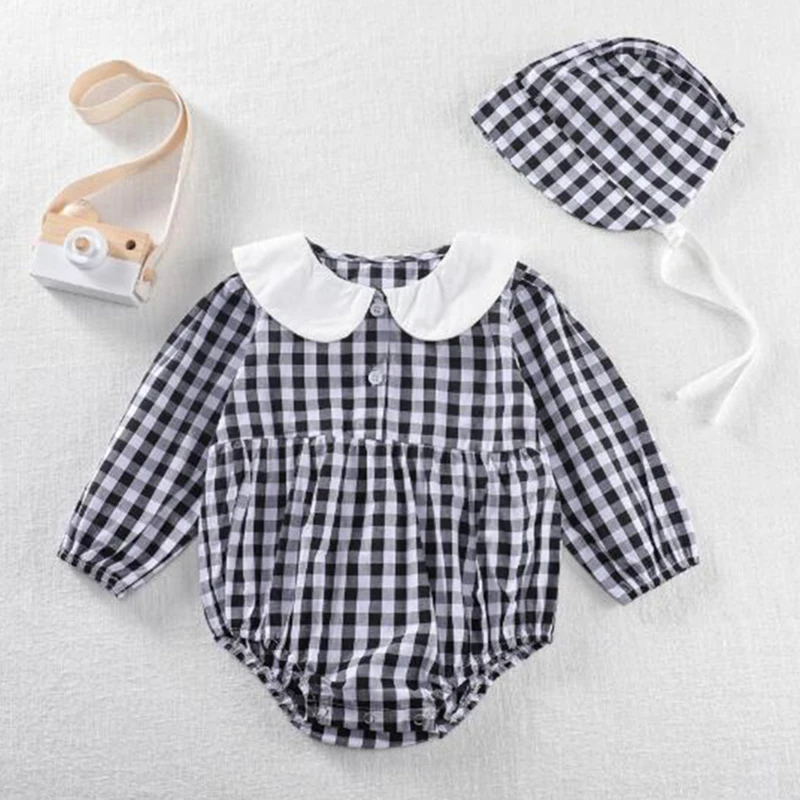 

Infant Baby Rompers Baby Girls Long Sleeve Doll Collar Grid Clothes Rompers Spring Autumn Baby Girls Rompers 0-3Yrs