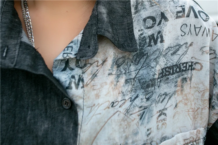 

Vefadisa Graffiti Stitching Color Women Blouse 2021 Spring Casual Denim Patchwork Blouse Long Sleeve Spliced Blouse Gray QYF3797