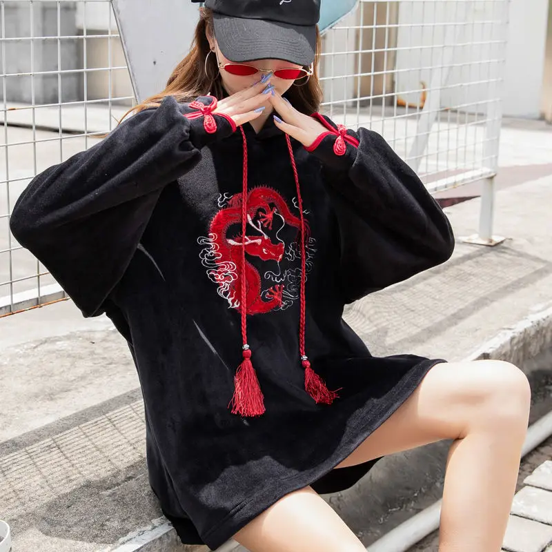 

Autumn Winter Pleuche Chinese Style Embroidery Sweatshirts Girl Streetwear Hip Hop Fashion Women Long Hoodies Clothes for Teens