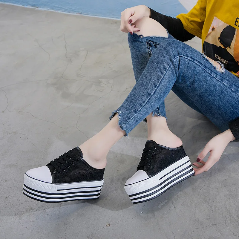 New Lace Sneakers Wedges Platform Shoes Half Slippers Mules Shoes Women Chunky Heels Casuales Black White Shoes Woman Slippers
