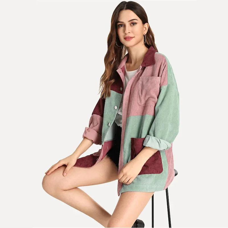 

Fashion Color Matching Corduroy Shirt Women Jacket Autumn Winter Casual Loose Slim Blouse Luxury Brand Top Clothing Female Coats