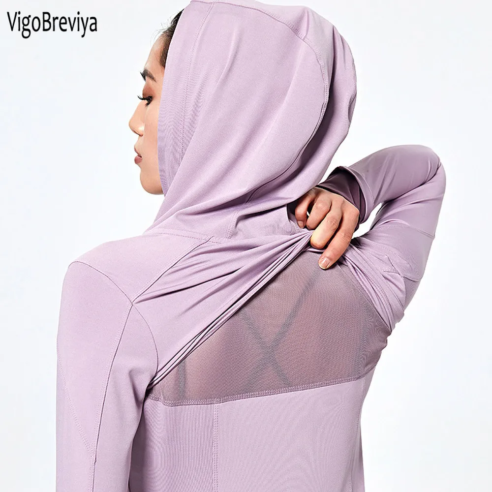 

VigoBreviay Zipper Hoodie Seamless Yoga Tops Women Long Sleeve Fitness Sports T-shirts Gym Running Workout Loose Quick Dry Shirt
