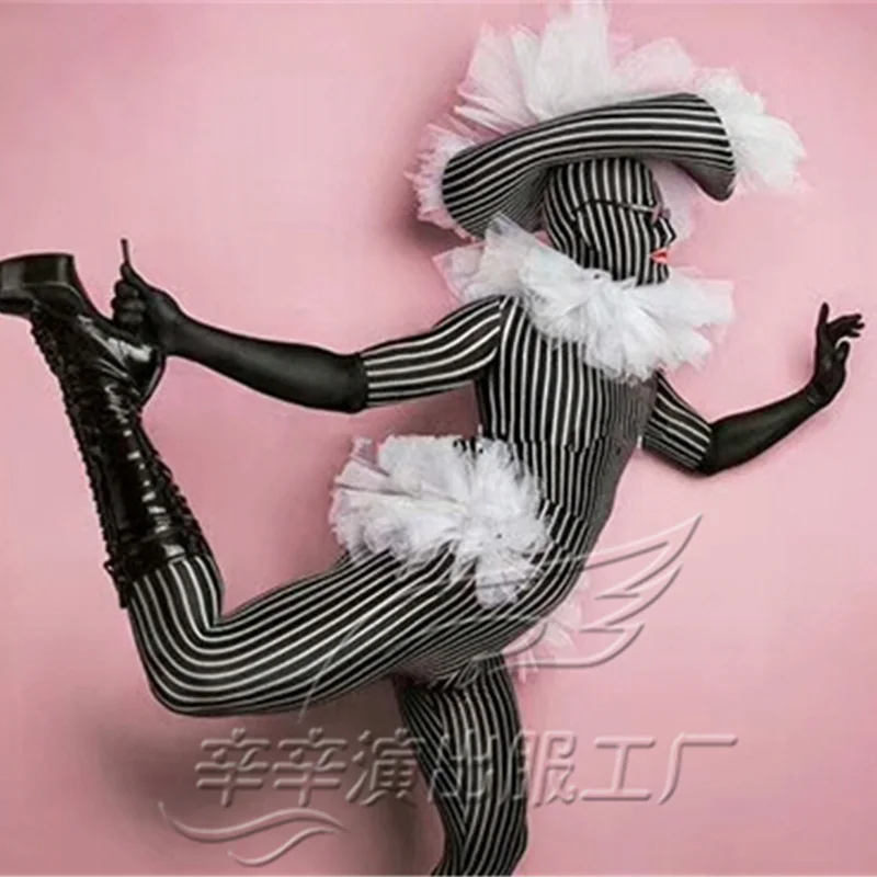 Nightclub Bar Party Female Singer Stripe Jumpsuit Hat Suit DJ DS Stage Performance Costumes Halloween Cosplay Outfits DWY2896 |