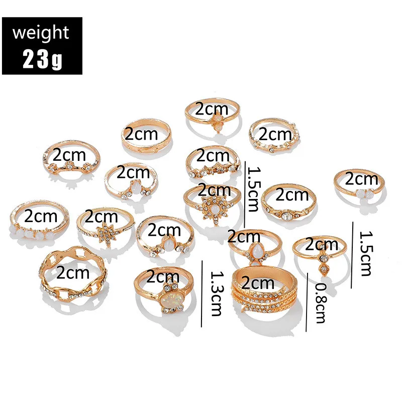 Винтажный набор колец в стиле бохо с золотистыми кристаллами и опалом 17 шт./компл.