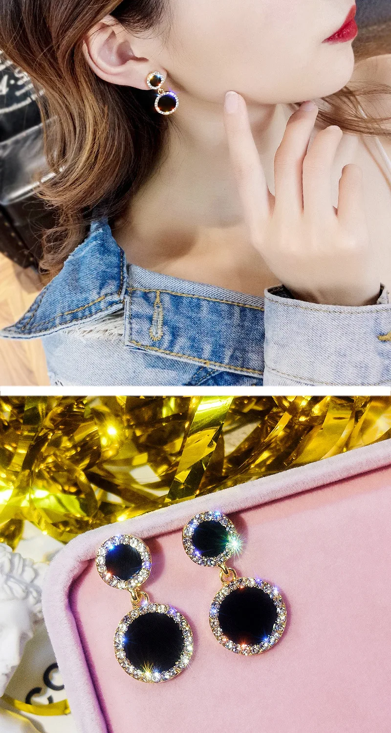 Earrings Black Round Square Star Pendant Geometric Women's Earrings Crystal Luxury Wedding Banquet Rhinestone Earrings