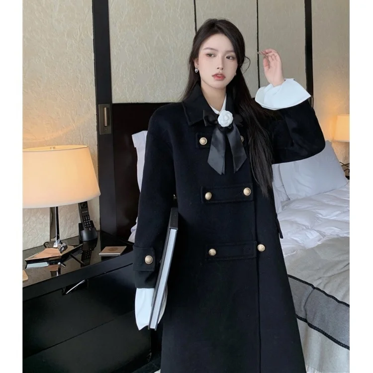 

Hepburn Wool Coat Women's Winter Black Thickened Loose Medium Length Woolen Coat C538a