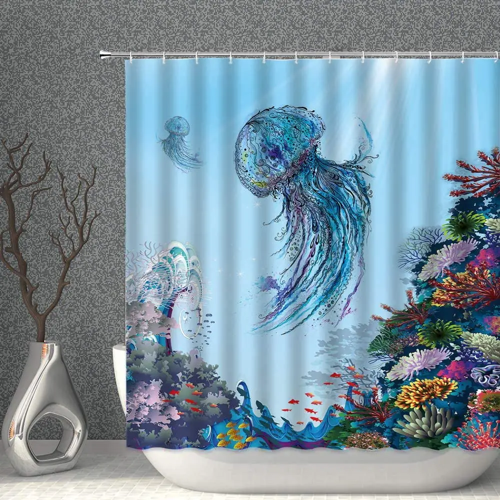 

Blue Jellyfish Shower Curtain Watercolor Underwater Animal Coral Summer Ocean Decor Fabric Bathroom Curtains Polyester with Hook