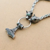 1pcs men stainless steel wolf head chain with thors hammer pendant viking rune necklace thor mjolnir pendant norse jewelry