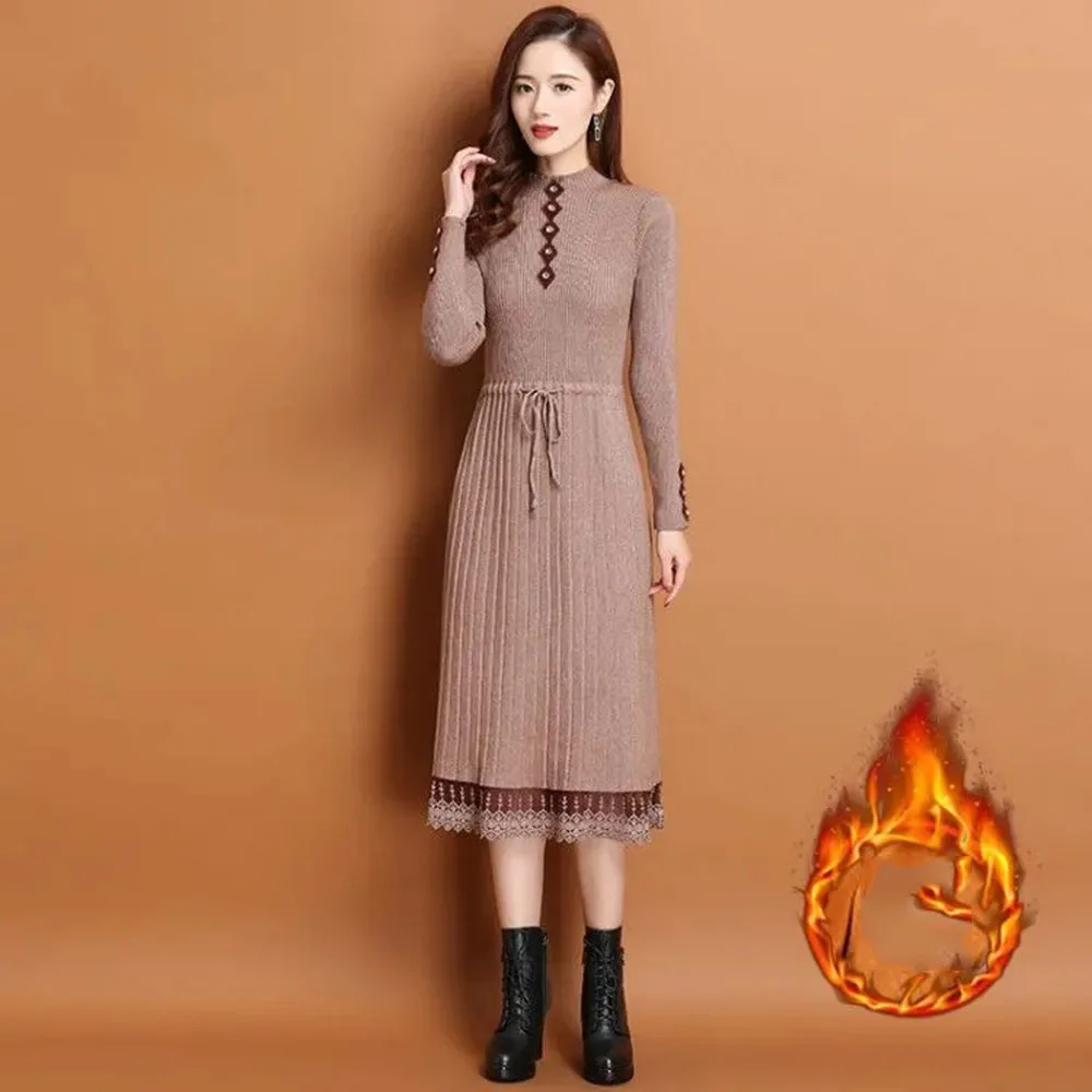 

Осенне-зимнее платье 2021, женское флисовое плотное теплое новое платье-свитер с поясом, женское платье средней длины с кружевной юбкой